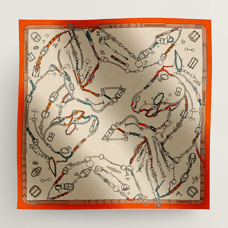 Hermes パリ本店より カレ140 ショール Chevaux Dechaines 7色 Chevaux Dechaines shawl 140 - Orange | Hermès Mainland China